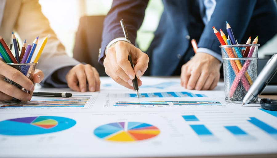 Real estate professionals collaborating on property performance strategy in modern office