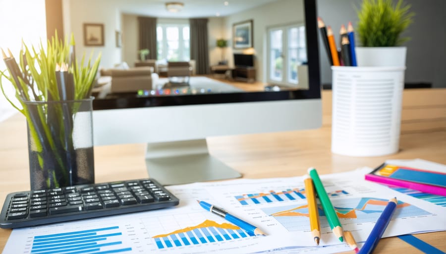 Confident real estate professional reviewing organized financial reports at modern office