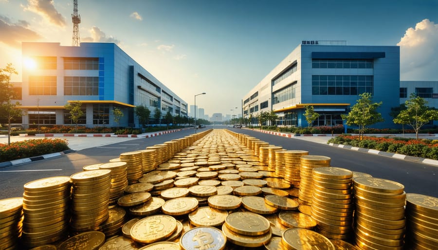 Stacked gold coins in the foreground leading to a warehouse, retail storefront, medical office, and cell tower at golden hour, photographed at eye level with deep focus.