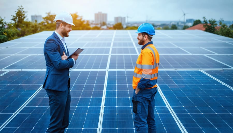 Two professionals reviewing plans on a solar panel–covered rooftop at golden hour, with a small wind turbine and city skyline in the background, suggesting strategic financing for lower property operating costs.