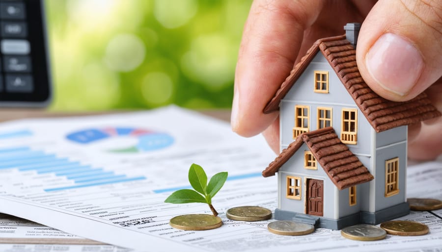 House keys resting on rental property tax forms and mortgage documents