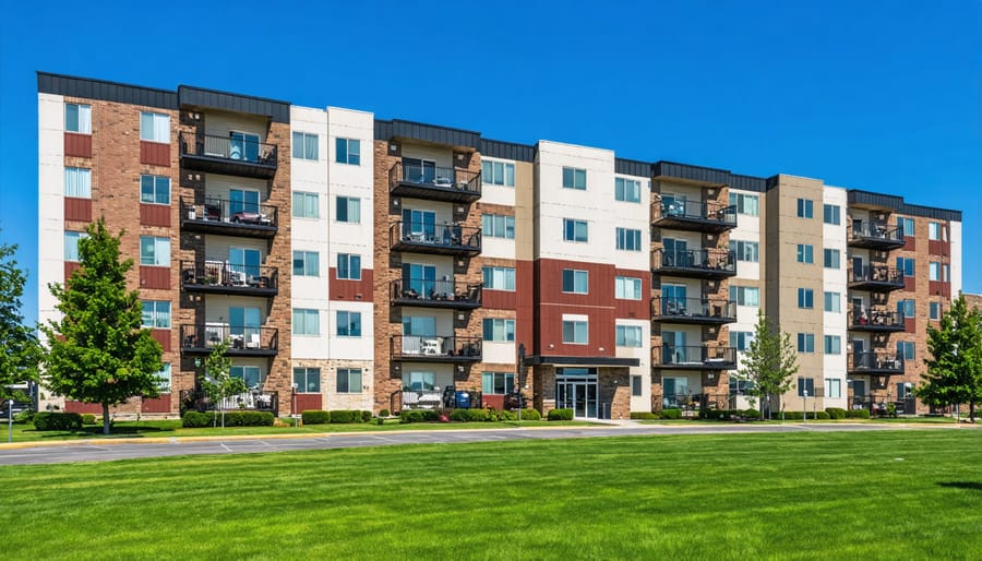 Modern luxury apartment building with contemporary architecture and landscaped grounds