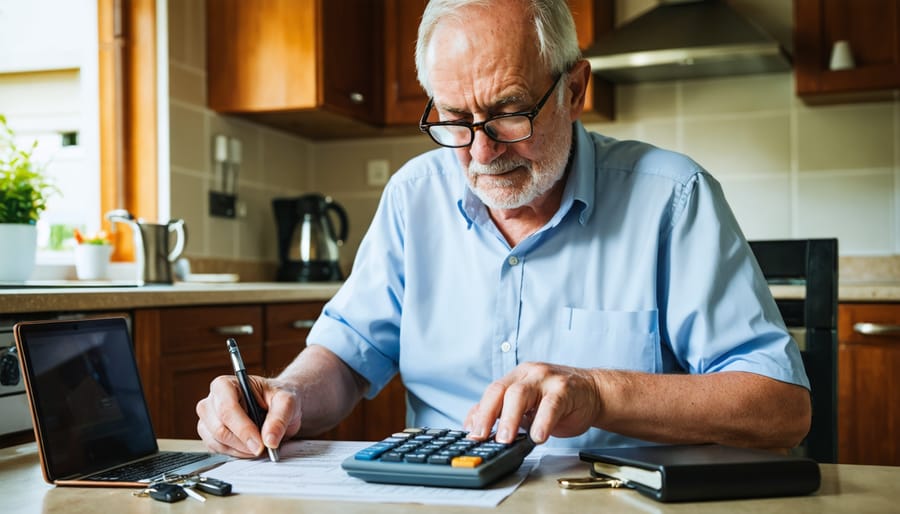 Older landlord wearing glasses reviewing documents at a kitchen table with an eyeglasses case, calculator, and house keys, with a weathered rental property and toolbox softly blurred in the background.