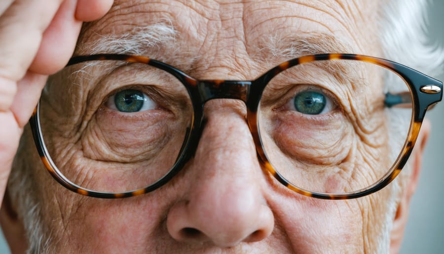 Senior retiree wearing reading glasses reviewing property documents
