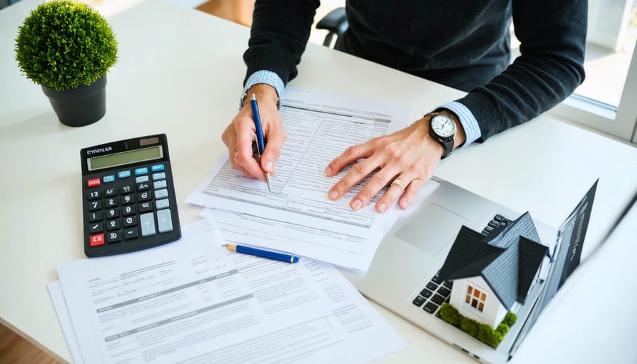 Seasonal tax preparer at a tidy office desk using a calculator and laptop beside a small house model, with documents intentionally out of focus and no visible text, in soft daylight.