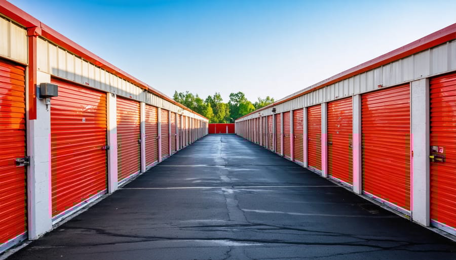 Clean modern self-storage facility with rows of orange roll-up storage unit doors