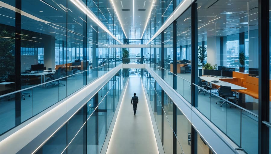 Glass office atrium seen from a mezzanine with glowing ceiling sensors, biometric turnstiles, adaptive LED lighting, and glass-walled offices under soft daylight.