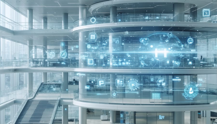 Modern commercial office building with smart glass windows and digital access systems