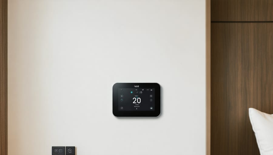 Hand adjusting smart thermostat mounted on wall in modern home interior