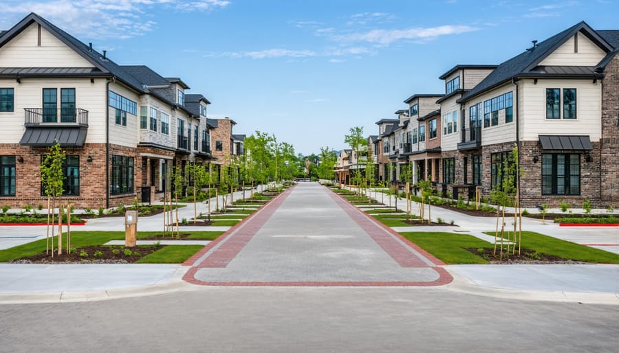 People walking on modern pedestrian plaza with mixed-use buildings and outdoor cafes