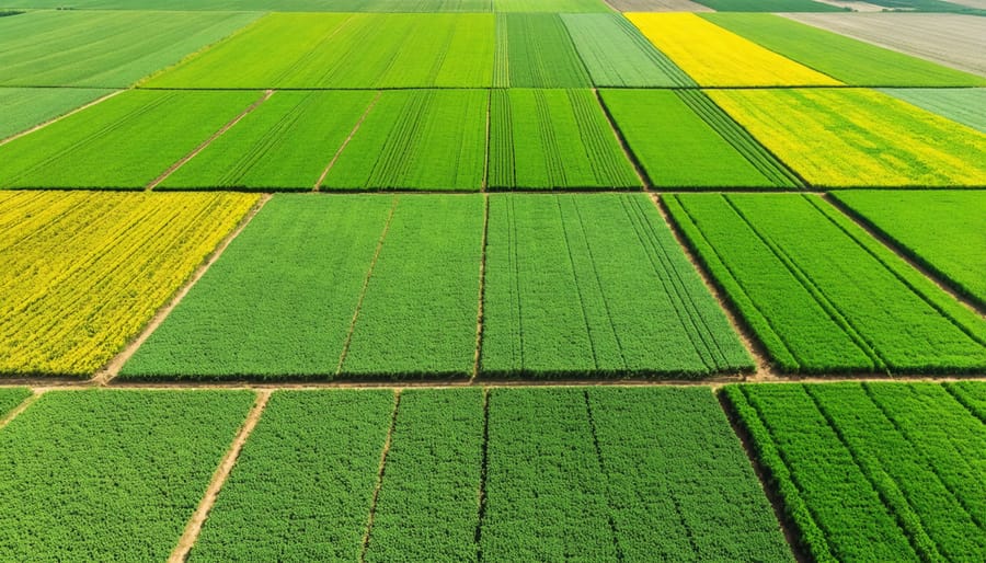 Aerial view of diverse sustainable farmland showing crop rotation patterns in various fields
