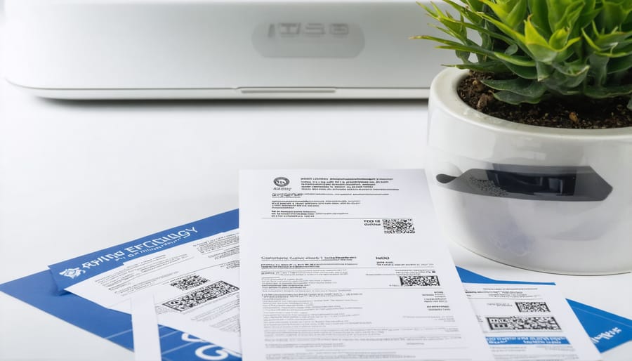 Hands organizing tax documents, receipts, and certifications on desk for energy credit claim