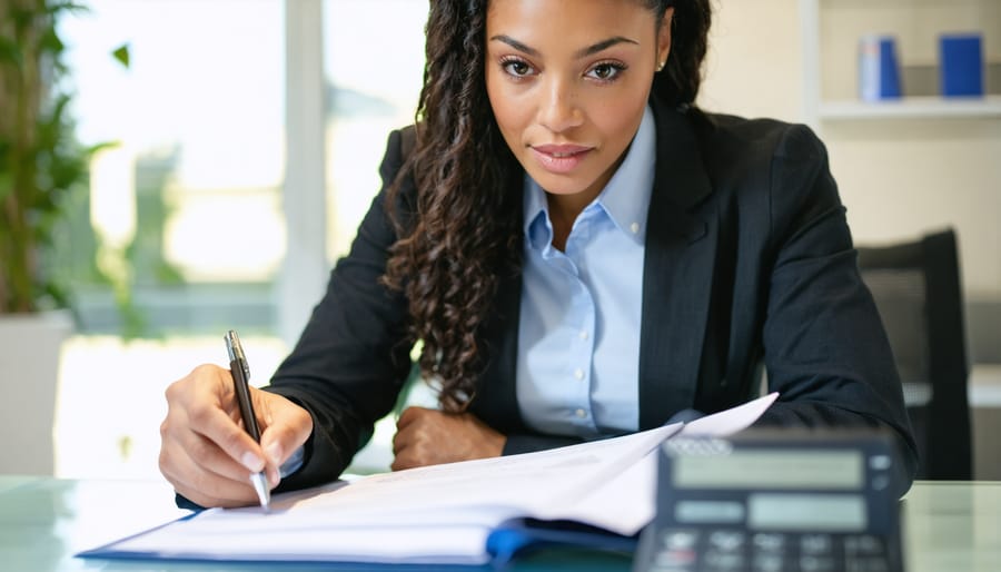 Tax preparer working with calculator and financial documents on office desk
