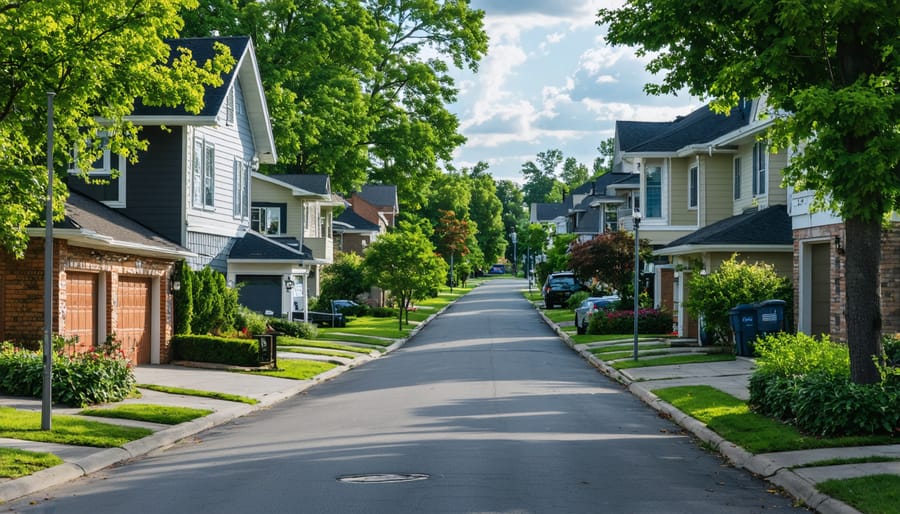 Aerial view of urban neighborhood showing residential and commercial properties with infrastructure