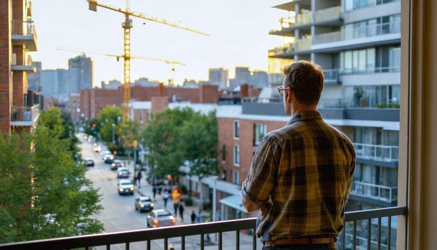 Person on a condo balcony at golden hour overlooking renovated brick buildings, a tree-lined street, and distant cranes building new glass mid-rise towers, with a light-rail platform and scaffolding in the background.