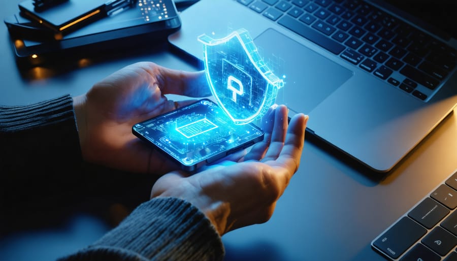 Close-up of hands holding a crypto hardware wallet beside a laptop while a glowing shield hologram encloses a wireframe house and key above the keyboard, with blurred city lights and a subtle digital grid in the background.