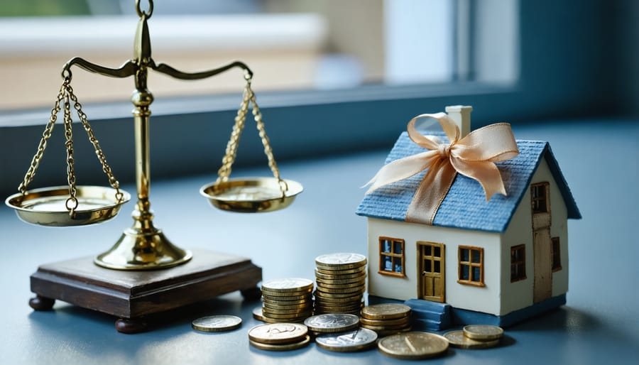 Brass balance scale tipping toward stacks of coins with a ribbon-wrapped model house on the other side, photographed at eye level in soft daylight, with blurred home construction framing and rolled blueprints in the background.