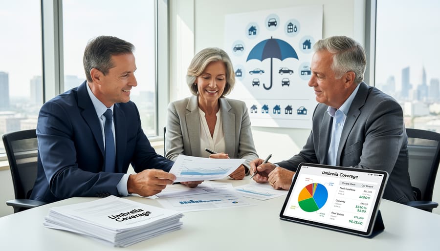 Property owner reviewing insurance coverage documents and calculating protection needs