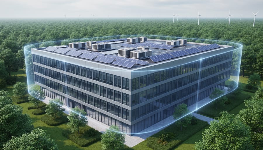 Modern commercial office building with rooftop solar panels under a subtle glass-like protective glow, with distant wind turbines and a managed forest softly blurred in the background.