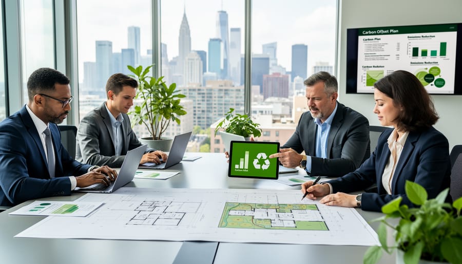 Business professionals reviewing building development plans and carbon strategy documents