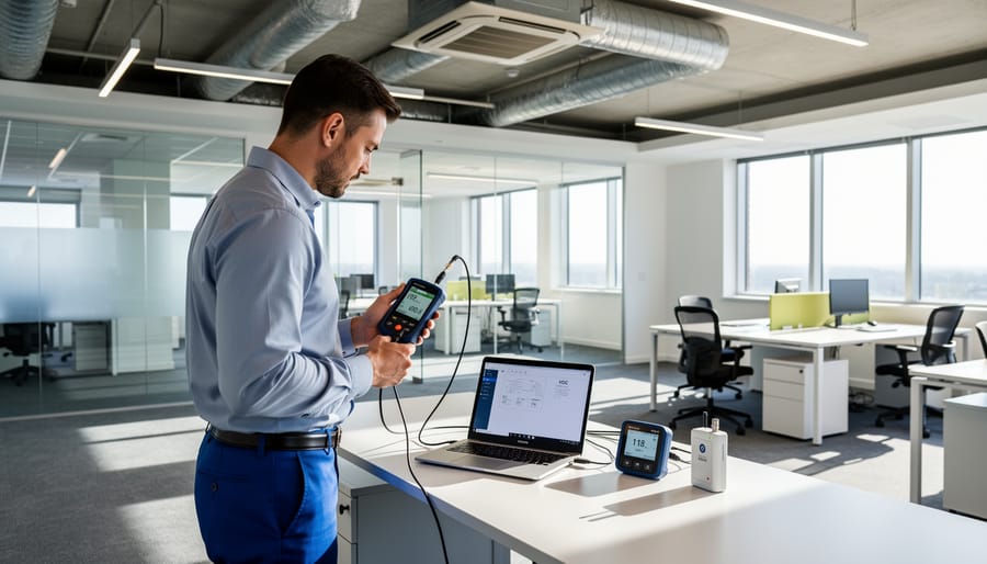 Air quality technician testing ventilation system in commercial office building