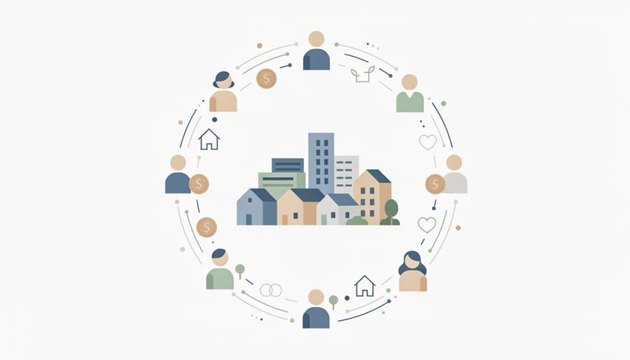 Multiple hands joining together holding architectural model representing community investment