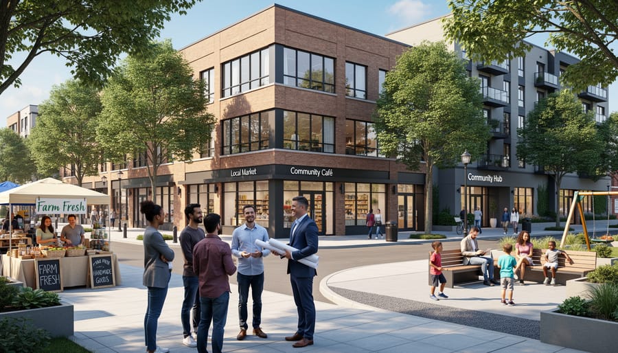 Diverse group of community members gathered in front of renovated mixed-use building