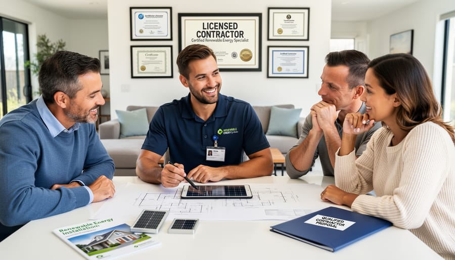 Professional contractor discussing solar installation plans with homeowners