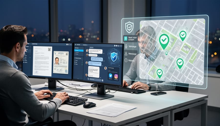 Digital investigator examining computer screens with transaction data and communications