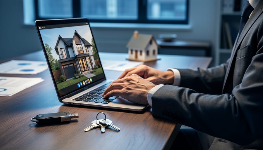Private digital investigator examining a laptop displaying a home image, with an unbranded USB security key and house keys on a desk in a softly lit office.