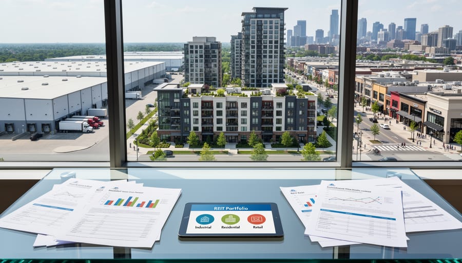 Urban landscape showing diverse commercial property types in REIT portfolio