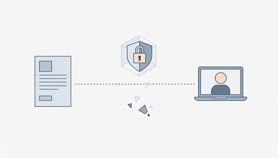 Business professional using laptop with digital security overlay representing remote online notarization technology