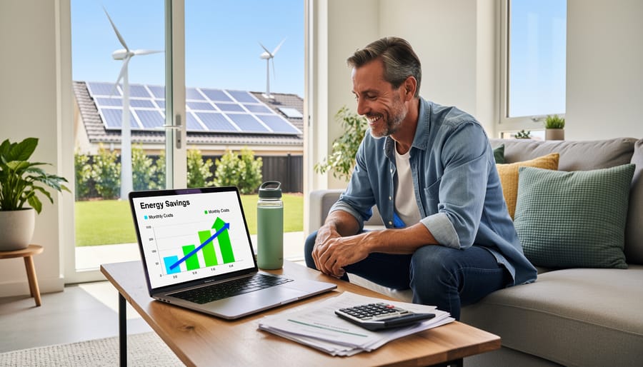 Person calculating energy costs with utility bills and calculator on desk