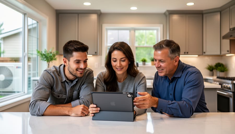 Utility energy auditor meeting with a young homeowner couple at their kitchen table, discussing rebate options on a tablet with energy-efficient lighting, double-pane windows, and a heat pump unit visible in the background.