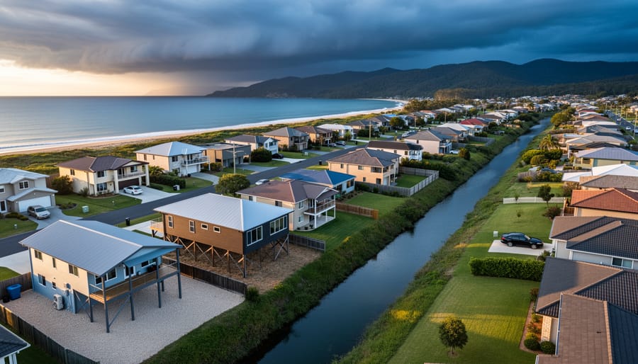 A 45-degree drone view of a coastal suburban block with mixed-risk homes—some elevated with metal roofs and cleared vegetation, others lower near a drainage canal—set against distant coastline, forested hills, and brooding storm clouds.