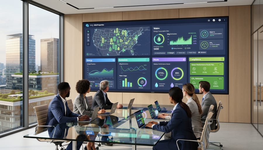 Business professional reviewing property data on tablet with documents on desk