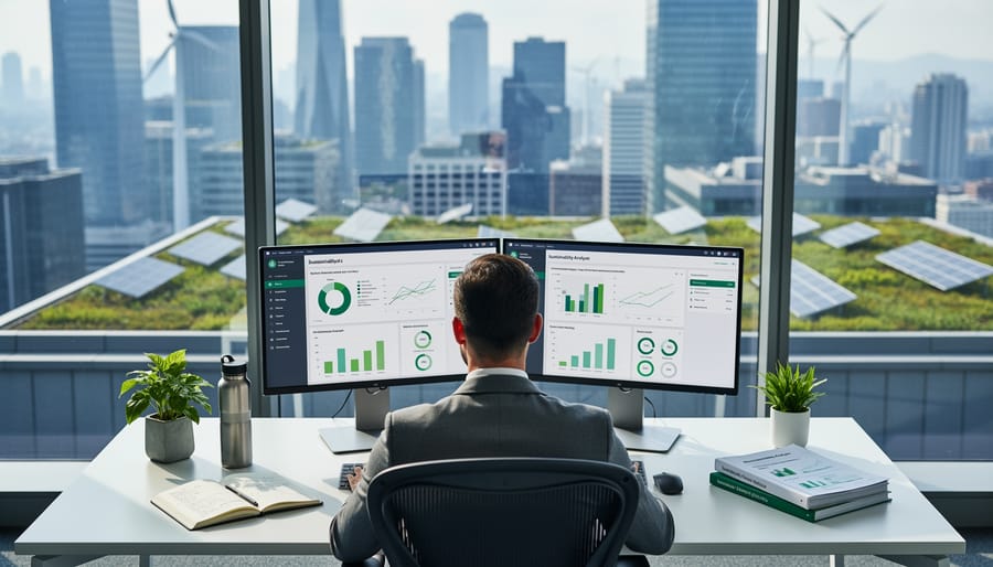 Over-the-shoulder view of a sustainability analyst at a dual-monitor desk in a glass-walled office, with energy-efficient high-rise buildings featuring rooftop solar panels and green roofs visible through large windows under soft daylight.
