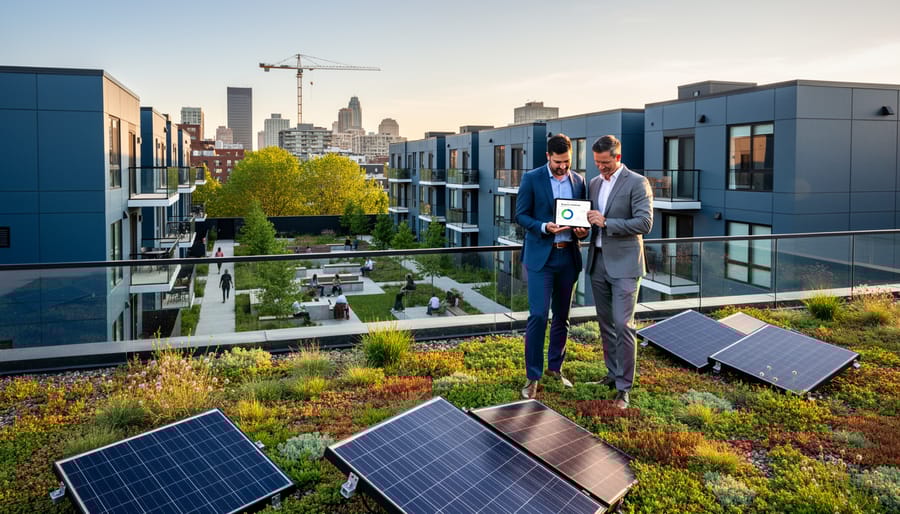 Solar panels and a green roof on a modern mixed-use rooftop with two real estate professionals reviewing a tablet, overlooking an affordable housing courtyard with residents at golden hour; soft city skyline and a distant crane behind.