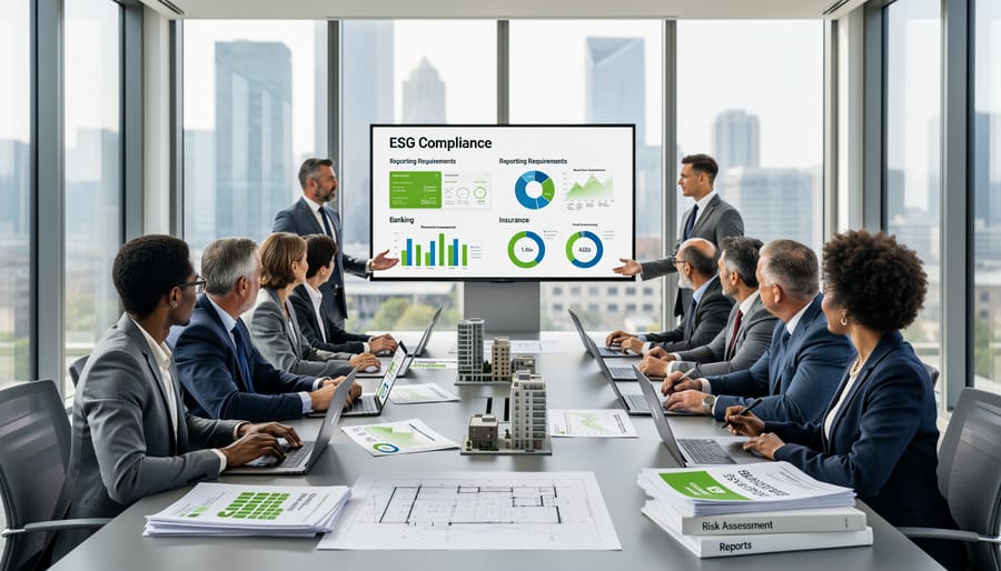 Diverse business professionals collaborating on documents in modern office conference room