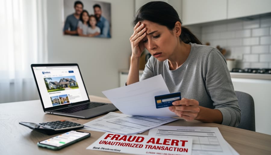 Distressed homeowner reviewing financial documents after falling victim to real estate fraud
