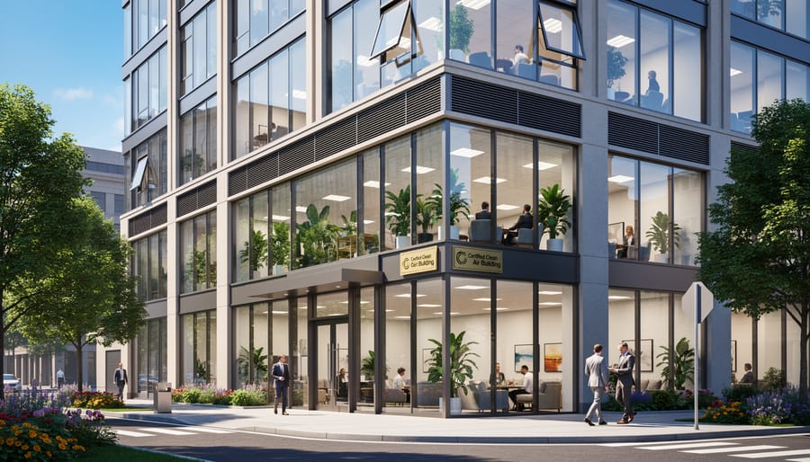 Modern commercial office space with excellent natural lighting and visible air quality features