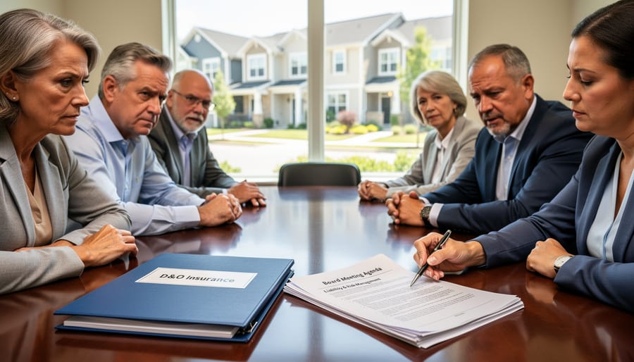 HOA board members reviewing documents with concerned expressions at meeting table