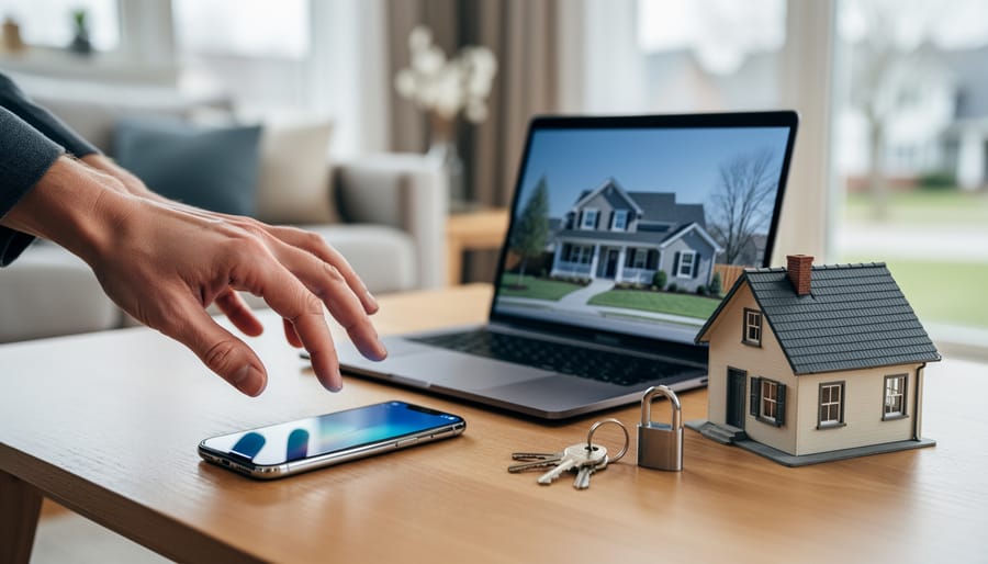 Hands of a homebuyer pause over a smartphone next to a laptop showing a house photo, with house keys and a small padlock on a wooden table, living room softly blurred behind.