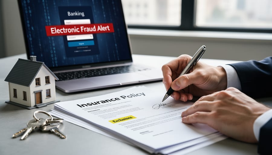 Insurance policy documents with exclusion stamp and magnifying glass highlighting fine print