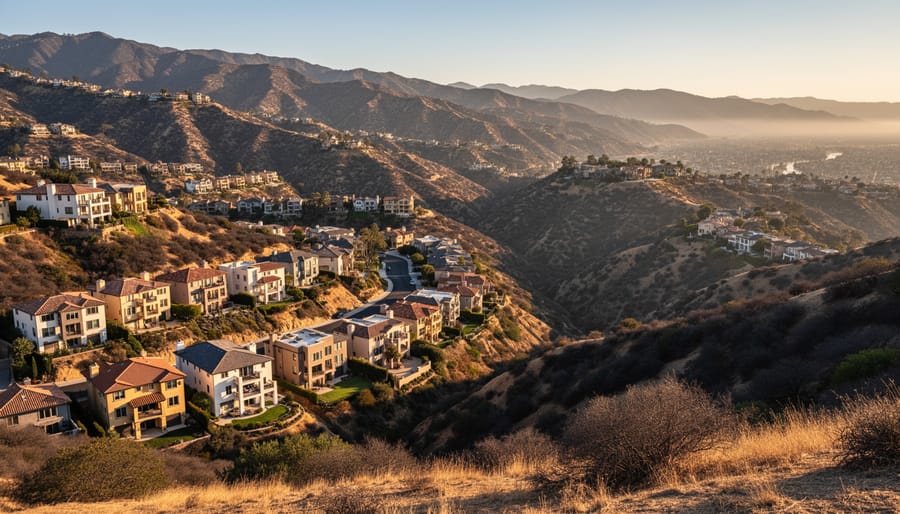 Suburban homes on hillside surrounded by dry brush in Los Angeles County