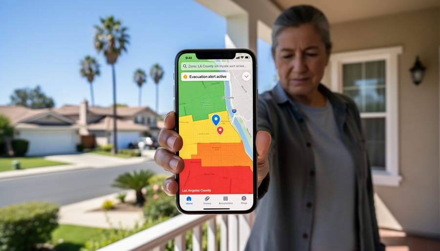 Person checking fire evacuation information on smartphone in front of home