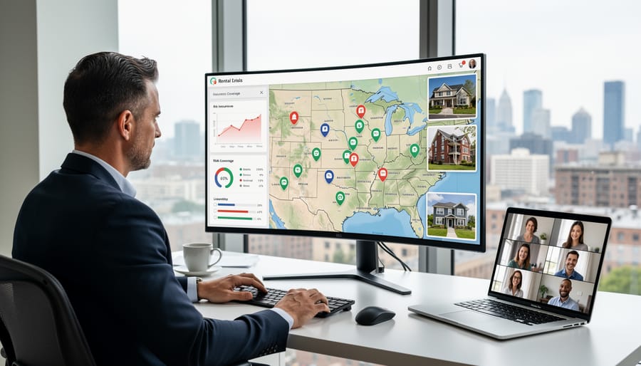 Aerial view of multiple residential rental properties in a suburban neighborhood