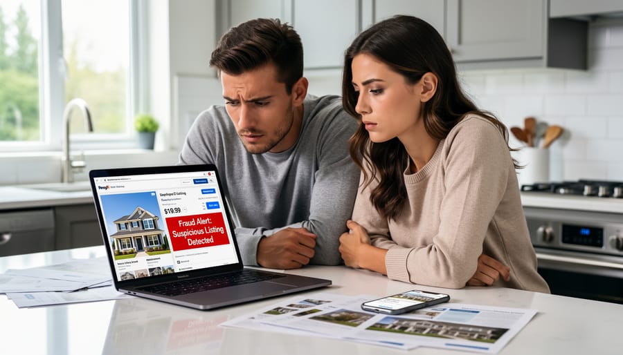 Person viewing property listings on laptop computer in home office setting