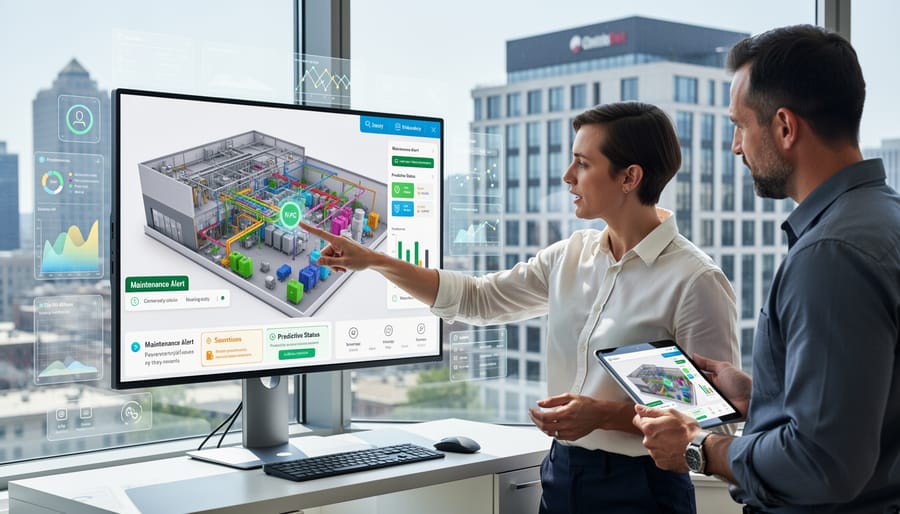 Maintenance technician using tablet to monitor building systems on rooftop