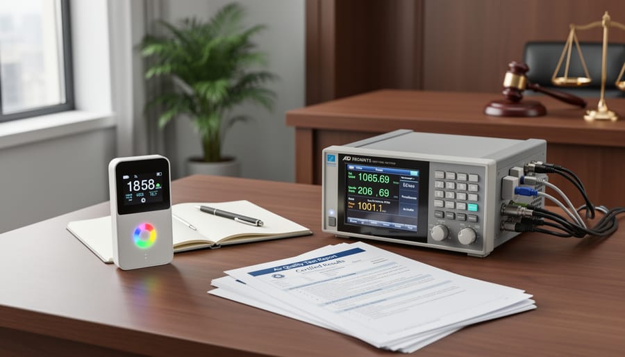 Professional air quality testing equipment being set up in commercial office space